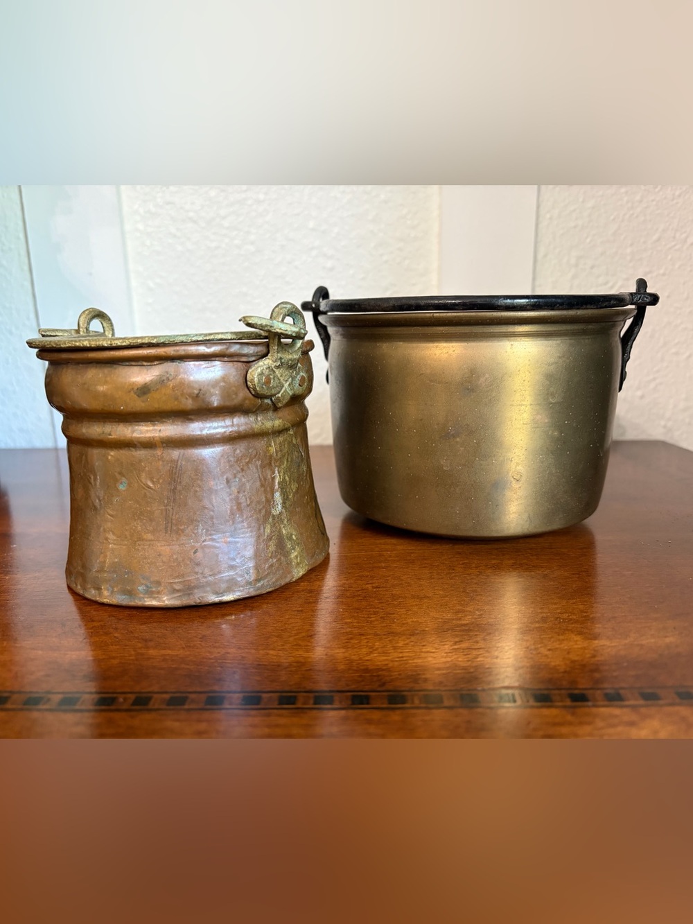 Vintage Copper & Brass Metal Pots With Handles 2 Pieces